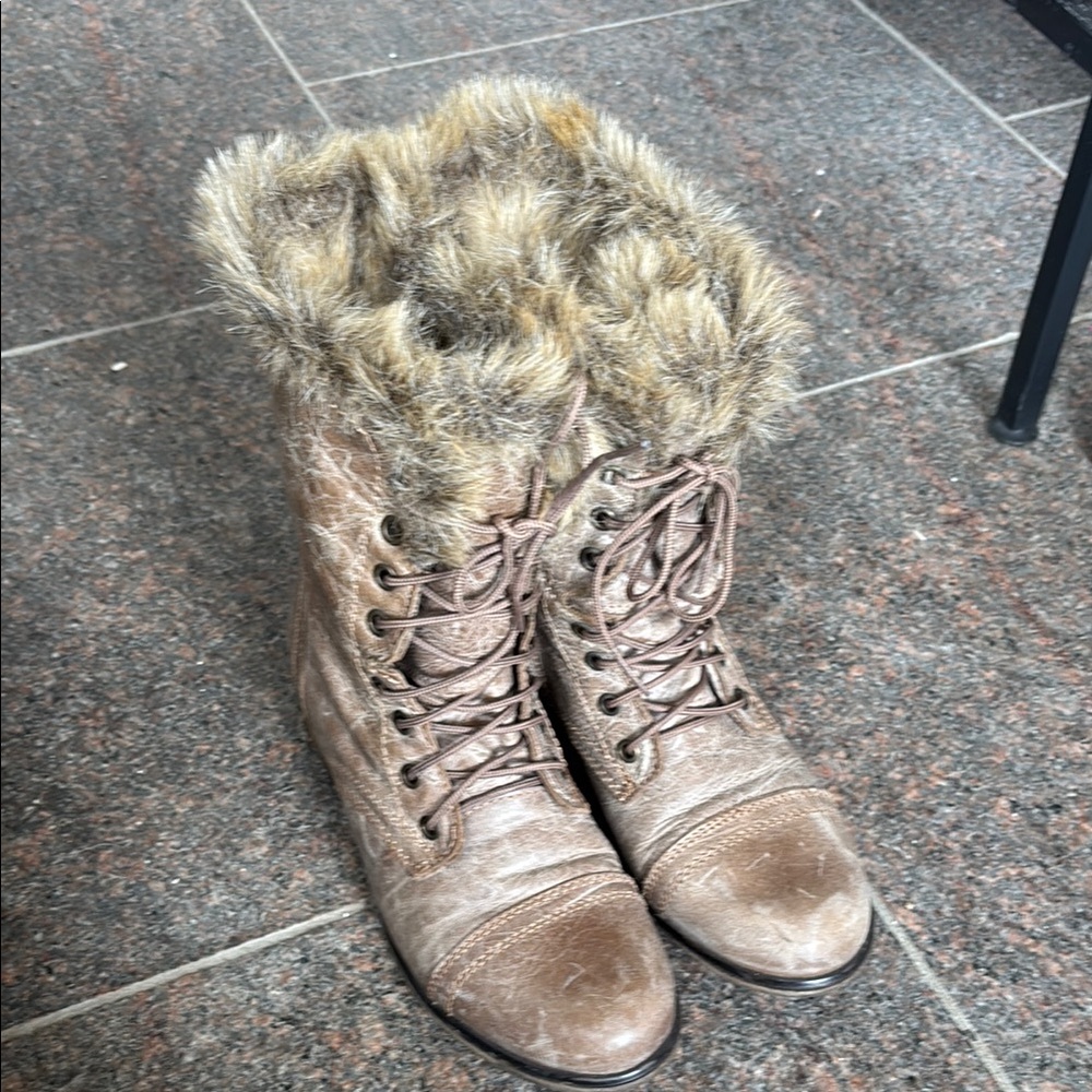 Tan Lace Up Boots with Faux Fur Trim